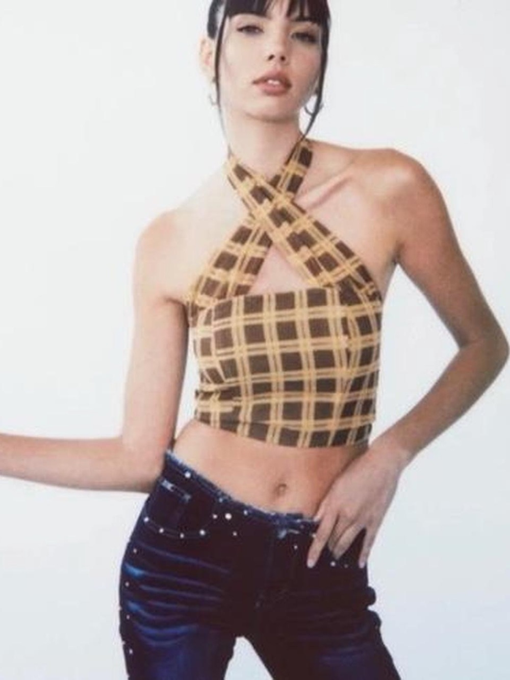 With Jean Plaid Crisscross Halter Crop Top in Brown and Tan